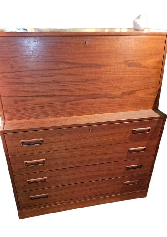 Modern Teak Secretary Desk – Drop-Front Writing Cabinet with Storage Drawers