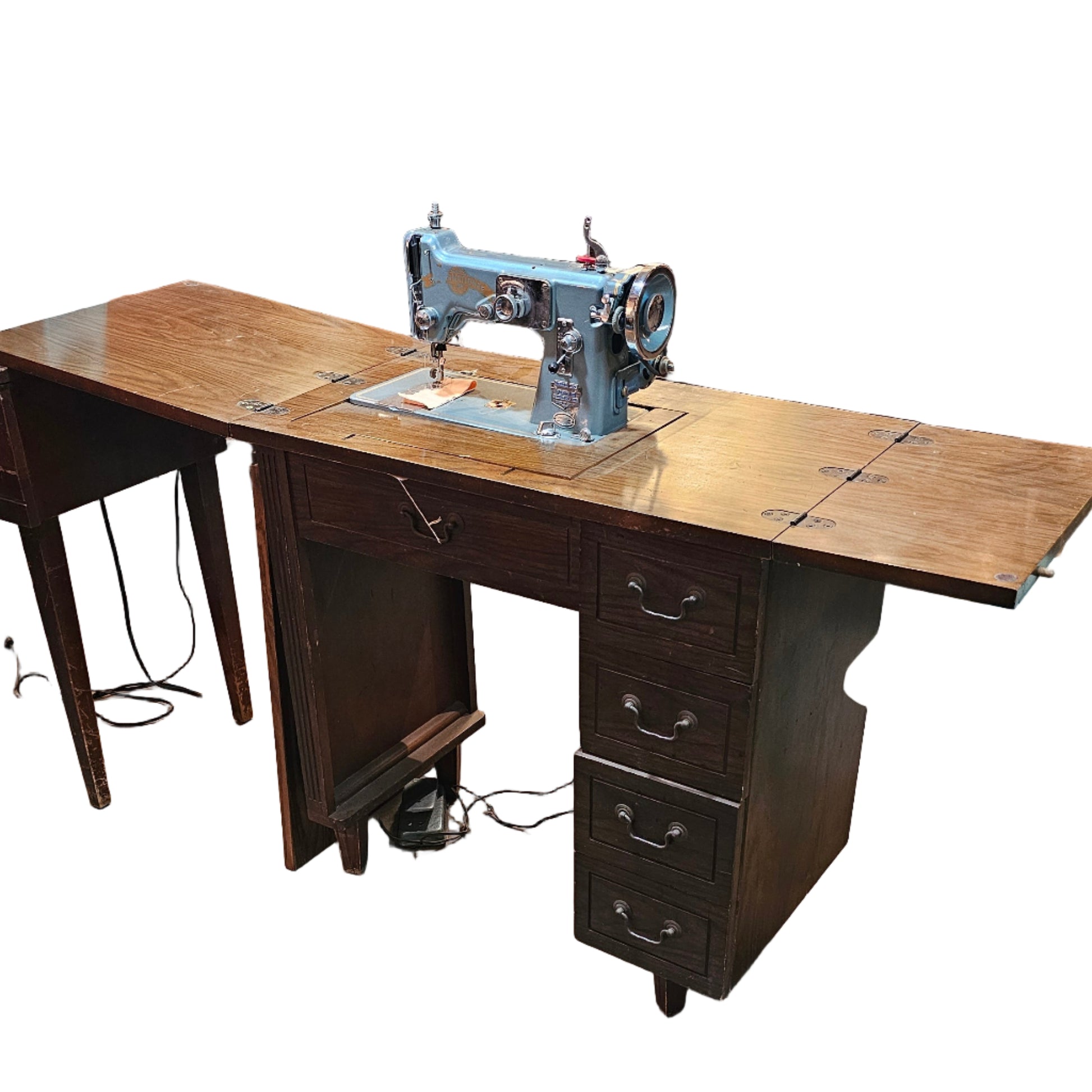 National Sewing Machine + Full Wood Cabinet (Blue Enamel)