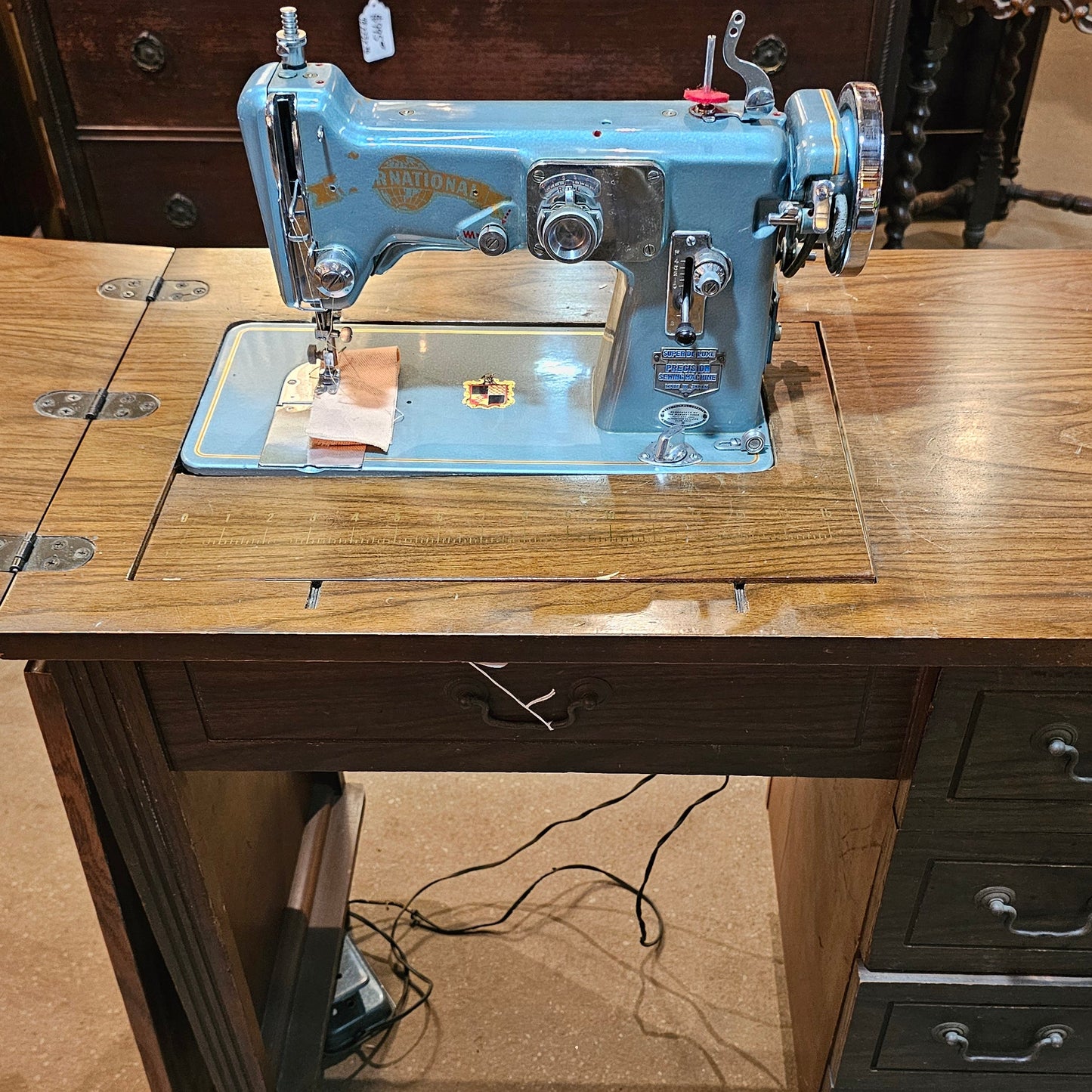 National Sewing Machine + Full Wood Cabinet (Blue Enamel)
