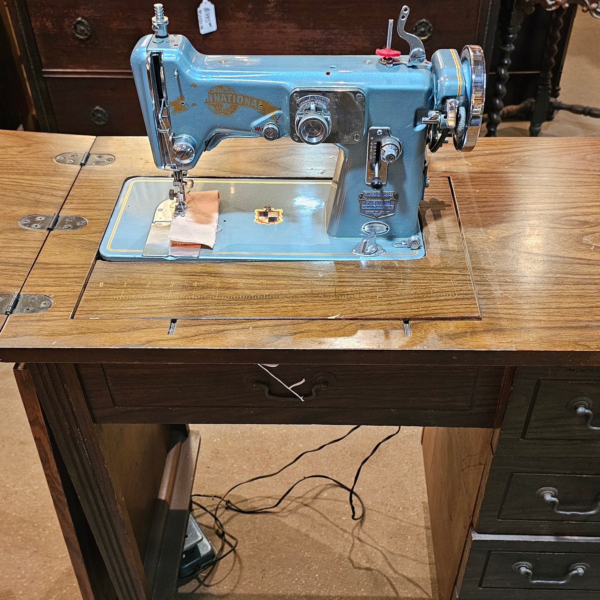 National Sewing Machine + Full Wood Cabinet (Blue Enamel)