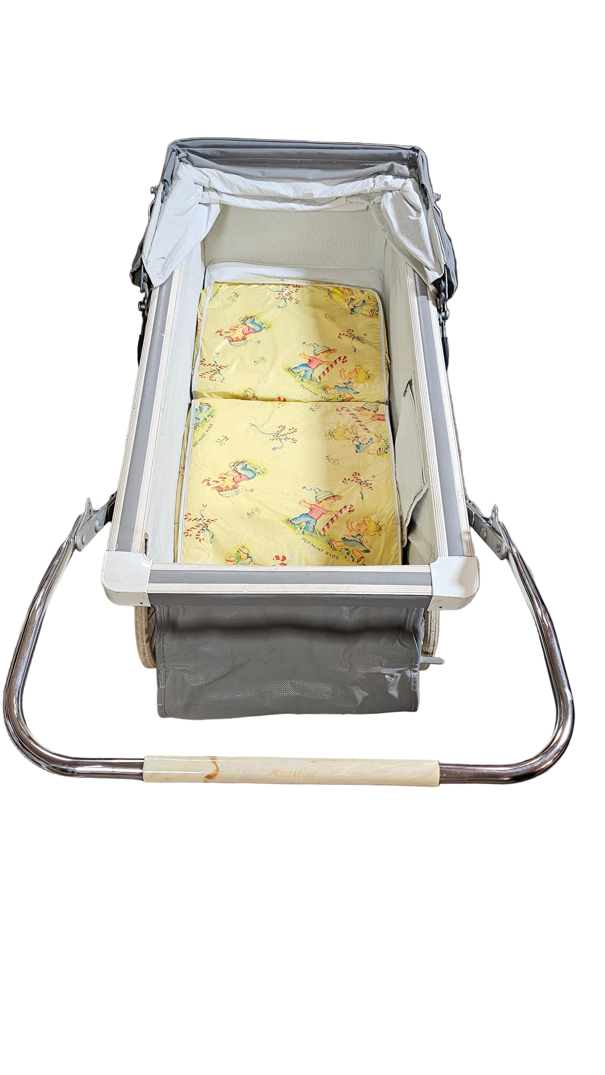 1950s Baby Carriage Stroller – Retro Gray Pram with Chrome Frame & Nursery-Print Cushion
