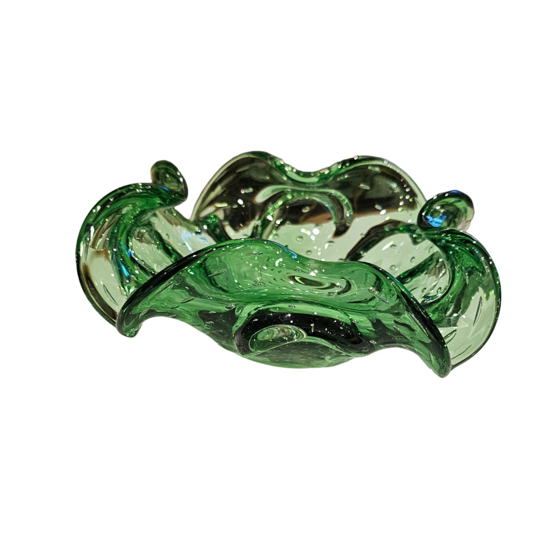 Green Ruffled Controlled-Bubble Art Glass Ashtray