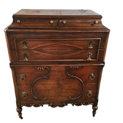 Serpentine Mahogany Dresser | Ornate Carved Detailing & Brass Hardware