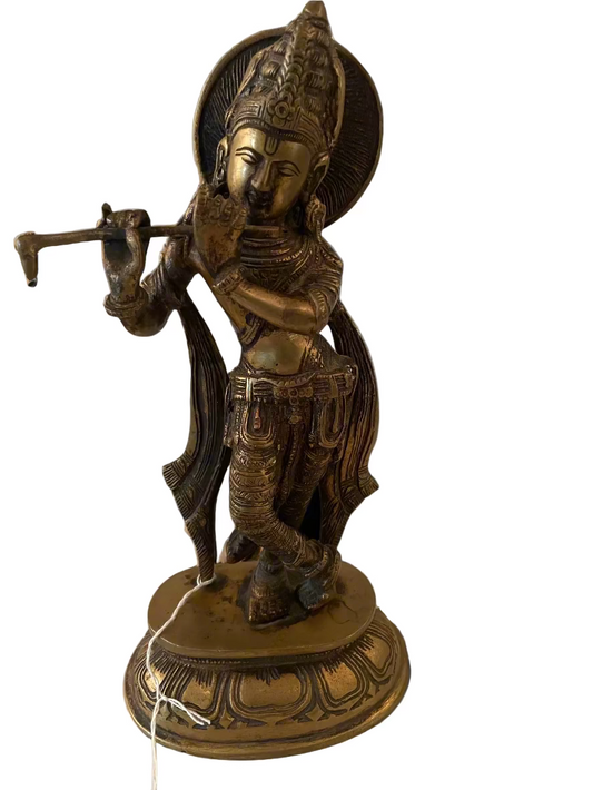 Vintage Krishna Brass Statue Playing Flute