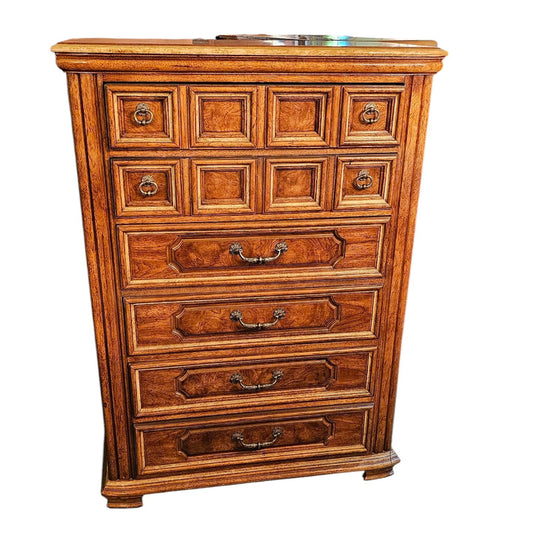 Mediterranean Walnut Dresser with Carved Front Panels & Brass Pulls