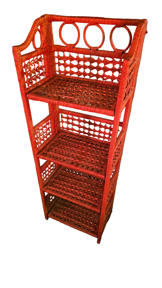 Woven Wicker Étagère – Boho Shelf with Four Tiers & Geometric Circle Motifs