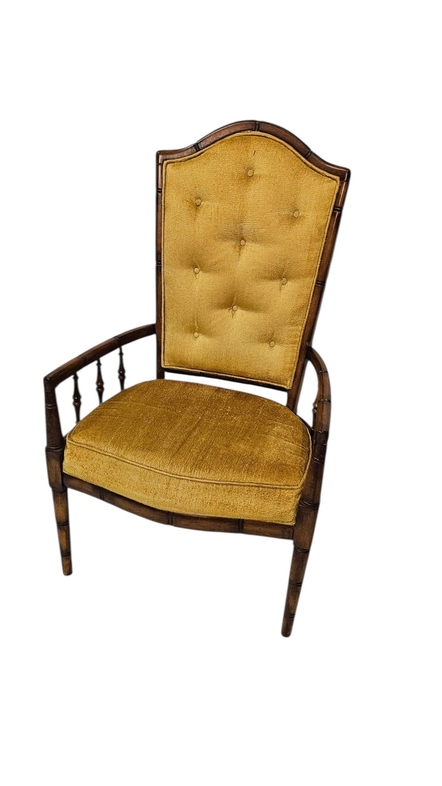 Button Back Bamboo Vintage Wooden Armchair with Yellow Upholstery