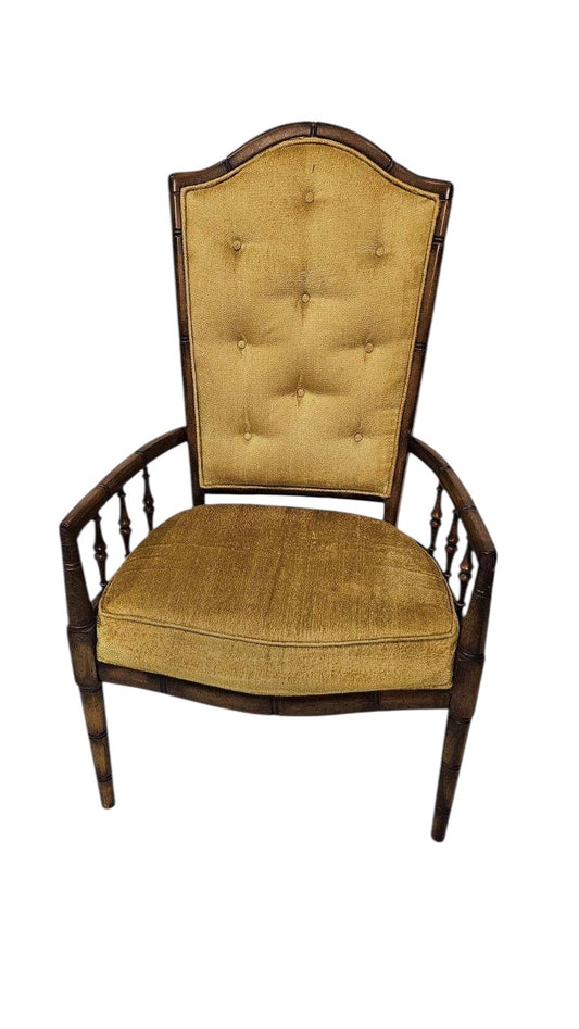 Button Back Bamboo Vintage Wooden Armchair with Yellow Upholstery