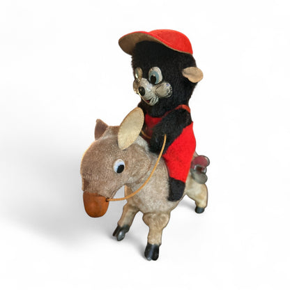 Wind-Up Monkey Riding Donkey Toy | 1950s Plush Mechanical Collectible