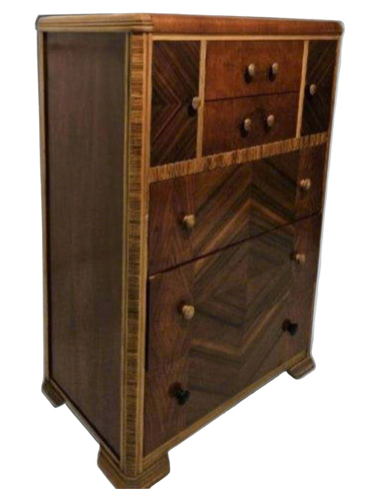 Five-Drawer Chest with Two Doors –  1930s Inlaid Wooden Dresser