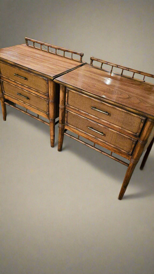 Pair of Rattan Nightstands – Vintage Bohemian Bedside Tables with Storage