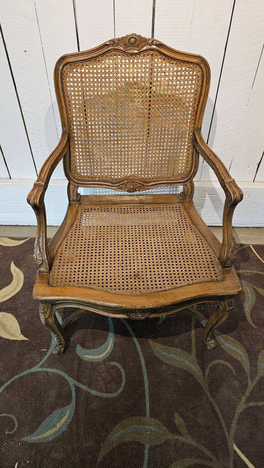 Armchair – Vintage French Cane Wooden Accent Chair with Woven Back & Seat