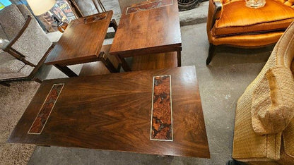 Brutalist Burled Walnut Lane 1960s End & Coffee Table Three Piece Set