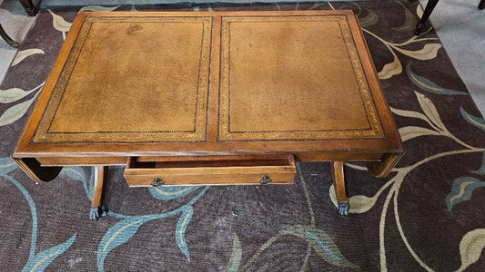 Leather Coffee Table with Top Drop Down Sides and Drawer