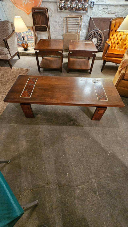 Brutalist Burled Walnut Lane 1960s End & Coffee Table Three Piece Set