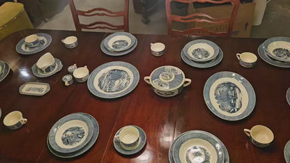 Blue & White Transferware Dinner Set | Currier & Ives–Style Winter Scene Collection