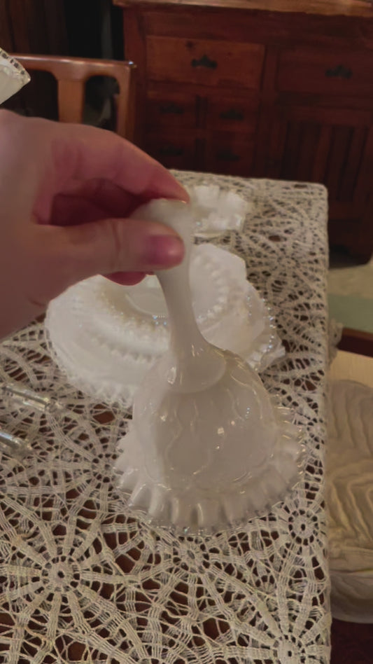 Fenton Glass Silver Crest Spanish Lace Bell – Vintage Milk Glass Bell with Ruffled Edge