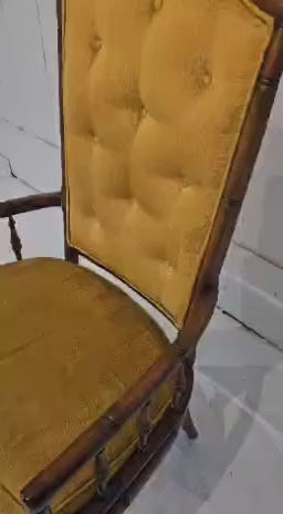 Button Back Bamboo Vintage Wooden Armchair with Yellow Upholstery