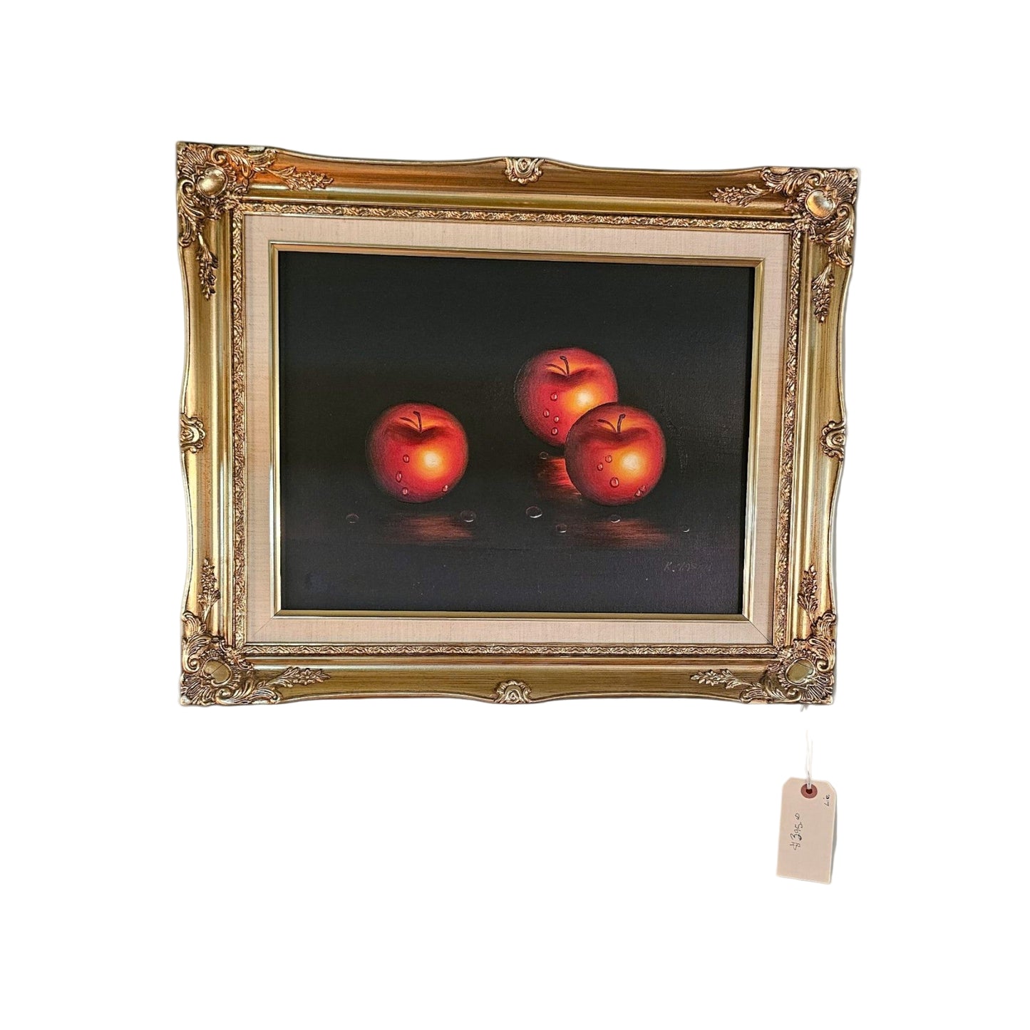 Still Life Oil Painting – Three Apples on Black Canvas, Signed & Framed