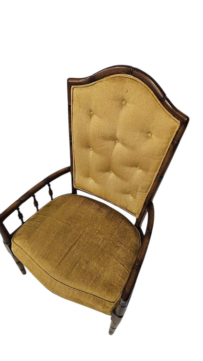 Button Back Bamboo Vintage Wooden Armchair with Yellow Upholstery