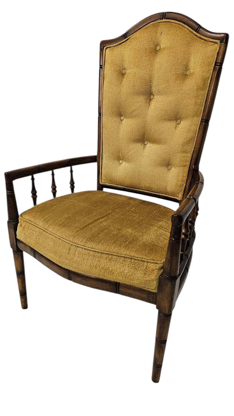 Button Back Bamboo Vintage Wooden Armchair with Yellow Upholstery
